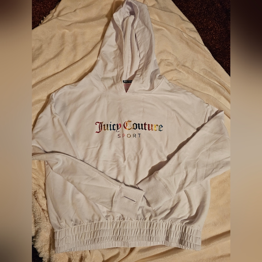 Juicy Couture white cropped hoodie. Long sleeve with thumb holes.